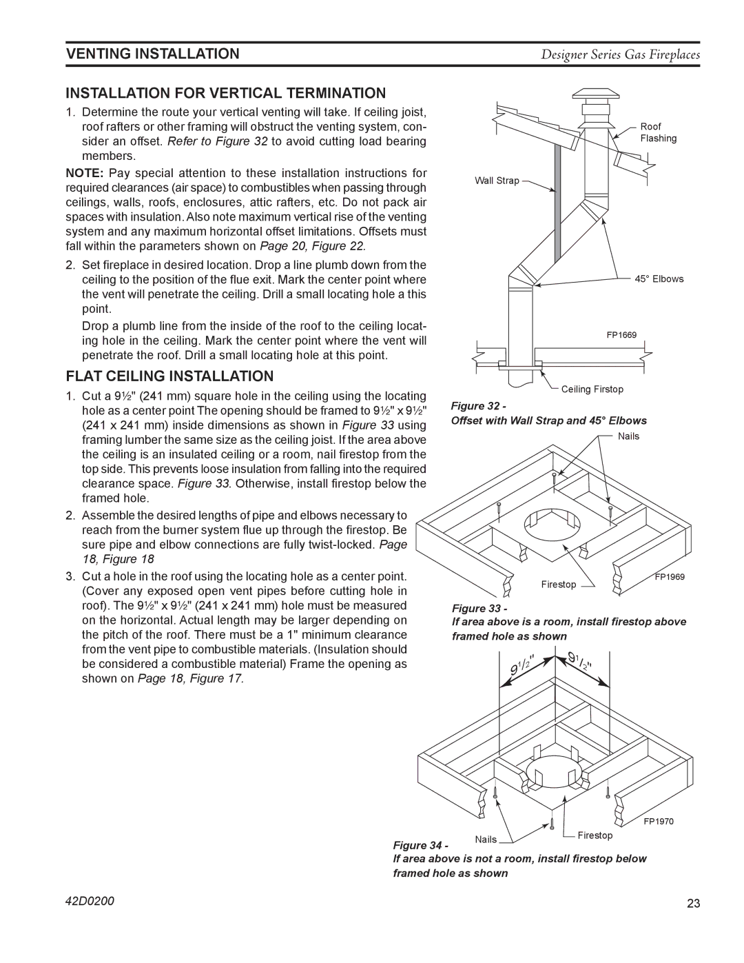 Monessen Hearth 624DV(ST, PF, CR, CL)NVC/PVC manual Installation for vertical termination, Flat ceiling installation 