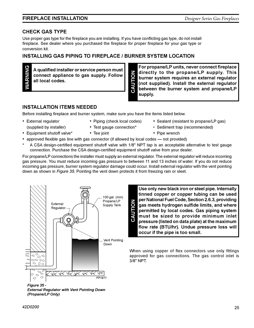 Monessen Hearth CR, PF Fireplace installation, Check gas type, Installing gas piping to fireplace / burner system location 