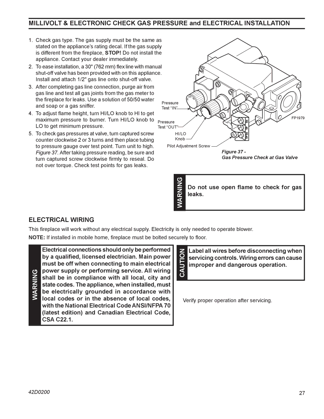 Monessen Hearth 624DV(ST, PF, CR, CL)NVC/PVC manual Electrical Wiring, Label all wires before disconnecting when 