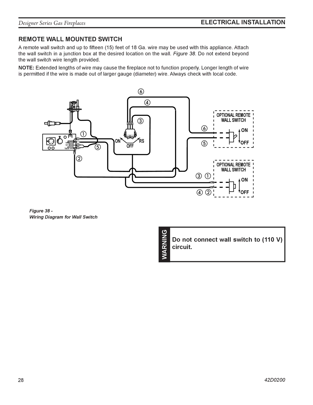 Monessen Hearth PF, CR Electrical installation, Remote Wall mounted Switch, Do not connect wall switch to 110 V circuit 