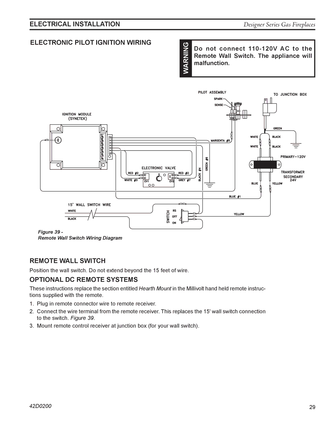 Monessen Hearth CR, PF, CL)NVC/PVC manual Electronic Pilot Ignition Wiring, Remote Wall Switch, Optional DC Remote Systems 