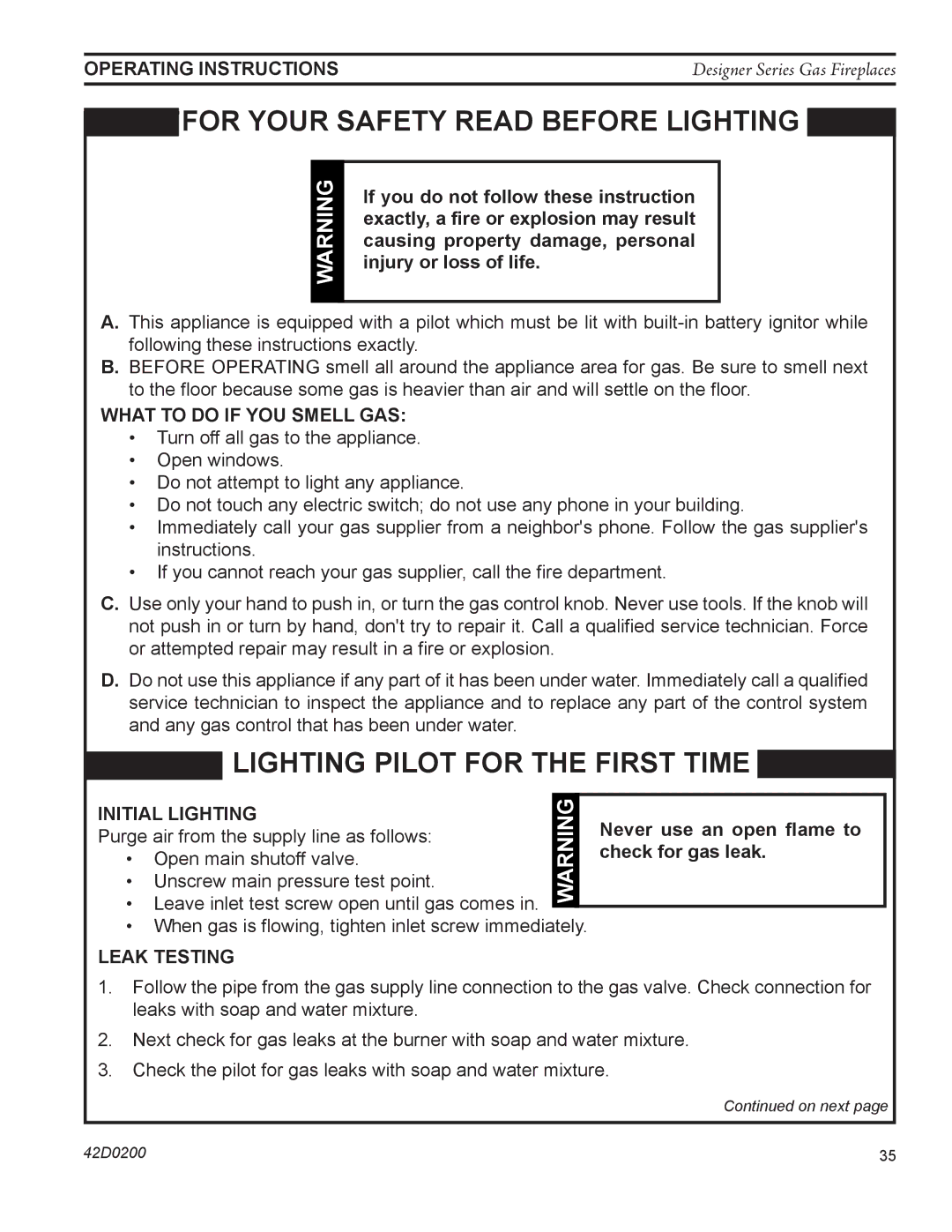 Monessen Hearth 624DV(ST, PF What to do if YOU Smell GAS, Initial lighting, Never use an open flame to check for gas leak 