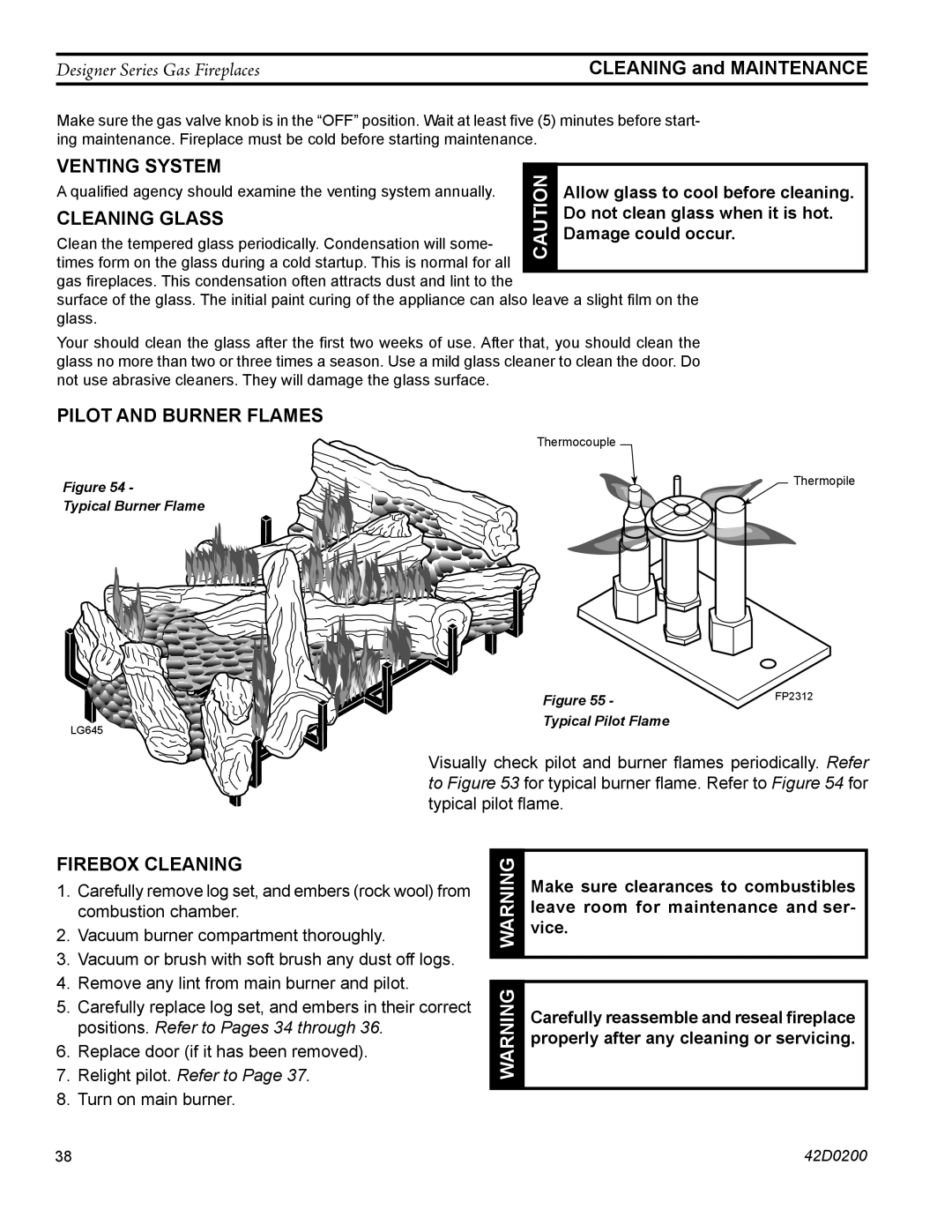 Monessen Hearth CL)NVC/PVC, PF, CR manual Cleaning and maintenance, Venting system, Cleaning glass, Pilot and burner flames 