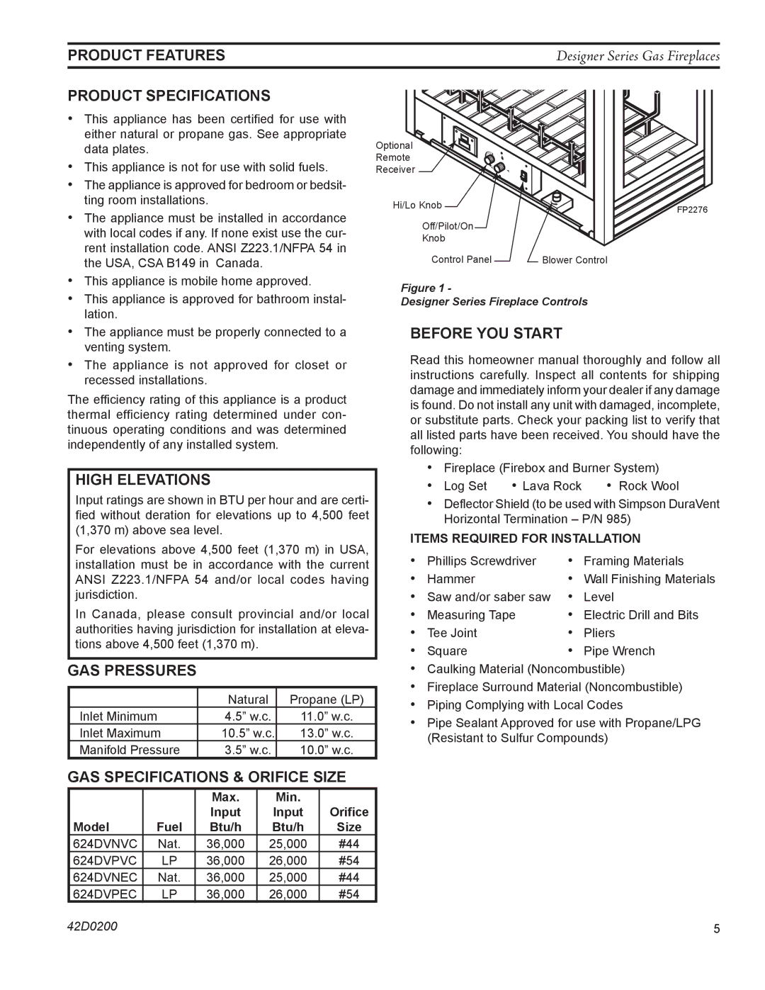 Monessen Hearth CR, PF, CL)NVC/PVC, 624DV(ST manual Product features, High Elevations 