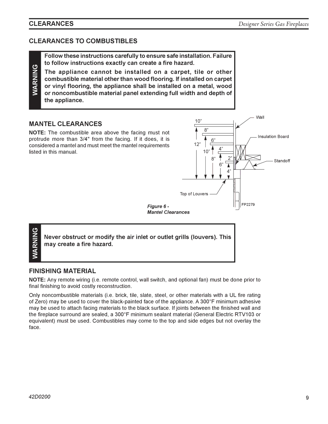 Monessen Hearth CR, PF, CL)NVC/PVC, 624DV(ST manual Clearances to combustibles, Mantel clearances, Finishing Material 