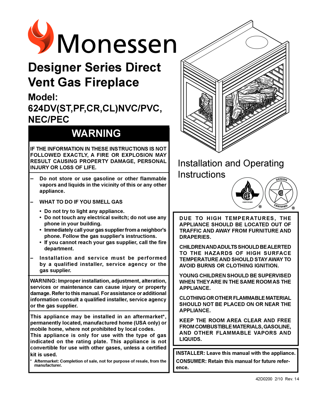 Monessen Hearth CL)NVC/PVC manual Model 624dvST,PF,CR,CLNVC/PVC NEC/PEC, Designer Series Direct Vent Gas Fireplace 