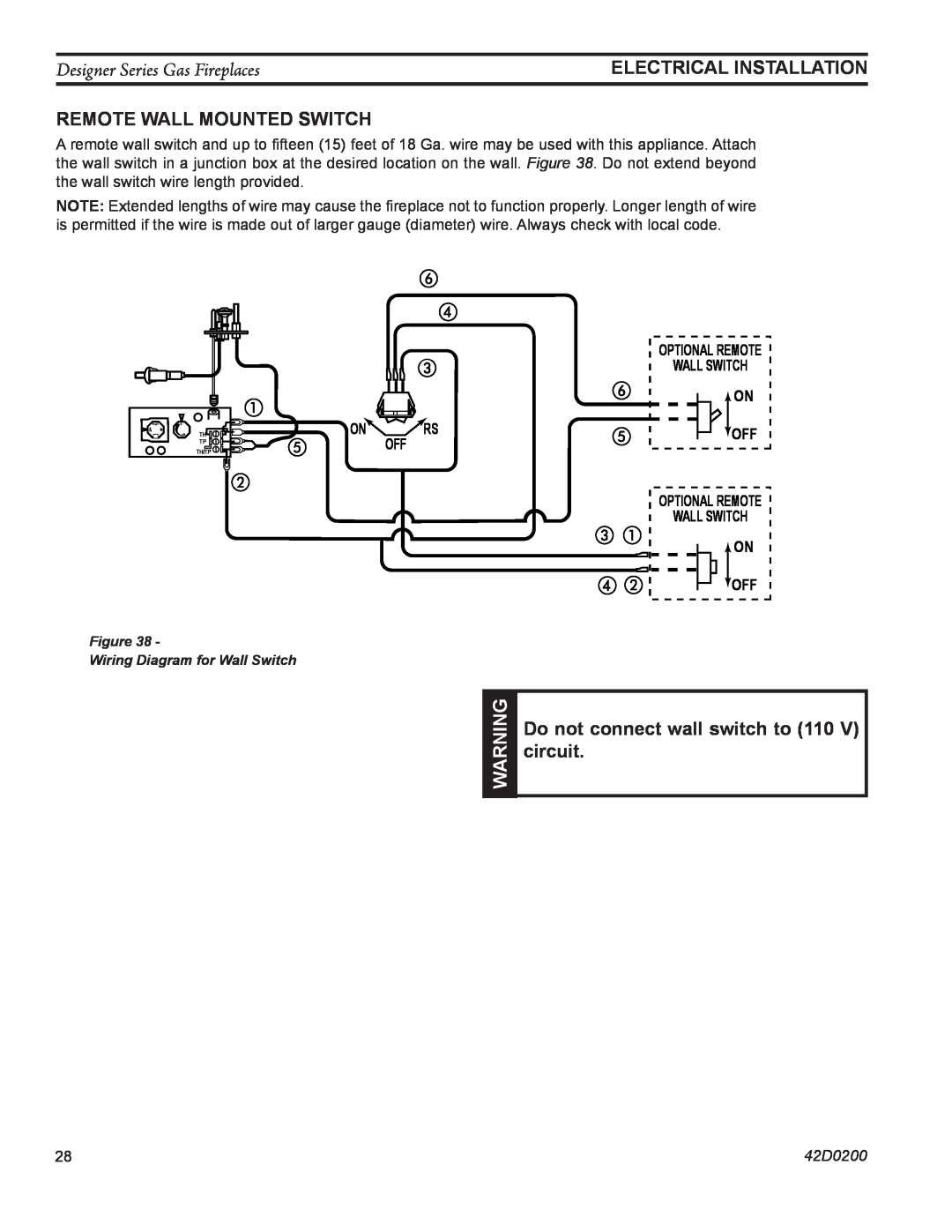 Monessen Hearth PF, CR Electrical installation, Remote Wall mounted Switch, Do not connect wall switch to 110 V circuit 