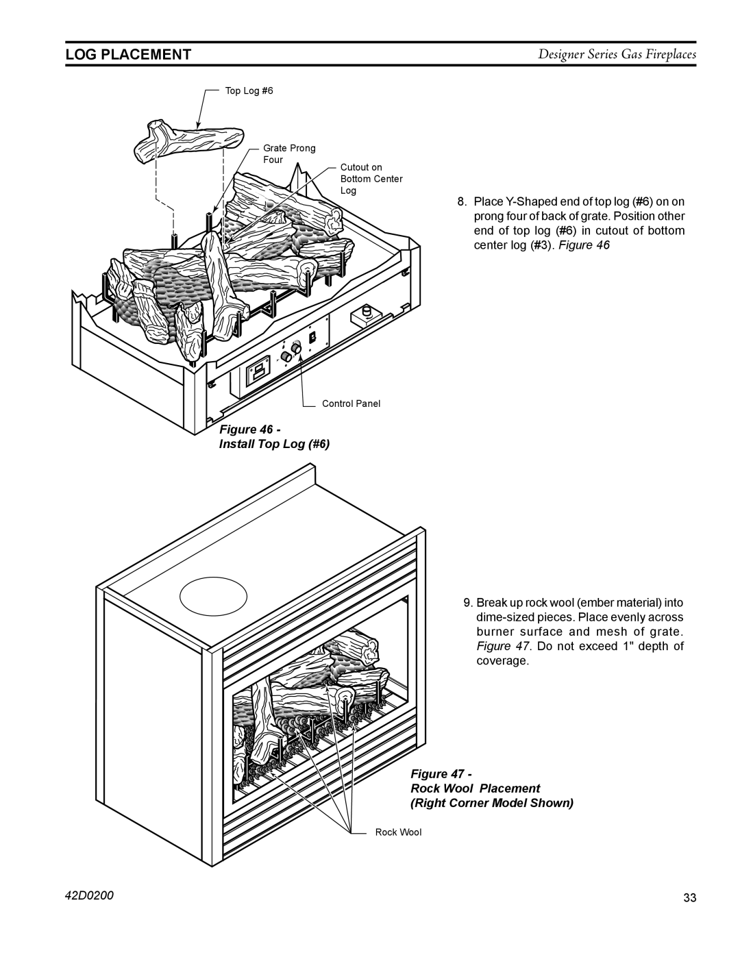 Monessen Hearth CR log placement, Designer Series Gas Fireplaces, Figure Install Top Log #6, Figure Rock Wool Placement 