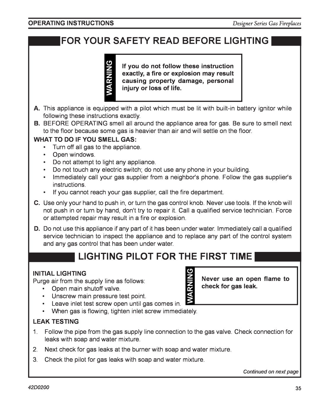 Monessen Hearth 624DV(ST for your safety read before lighting, Lighting pilot for the first time, Operating Instructions 