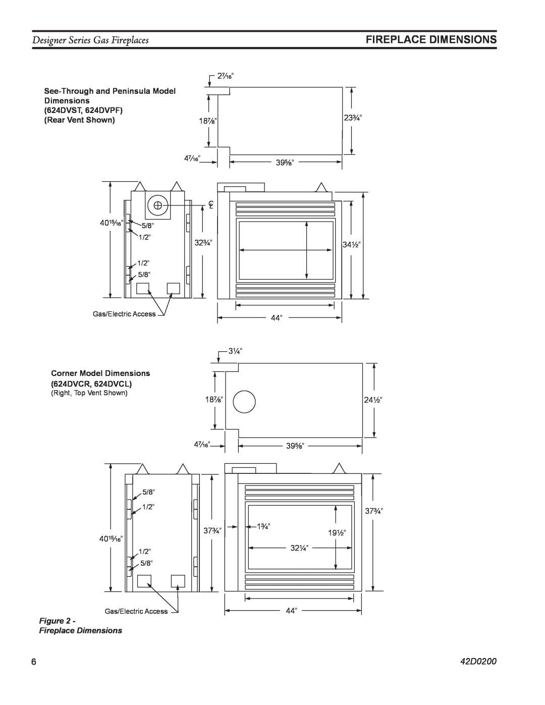 Monessen Hearth CL)NVC/PVC Designer Series Gas Fireplaces, Fireplace Dimensions, 42D0200, 26QE”, 46QE”, 4056QE”, 356M” 