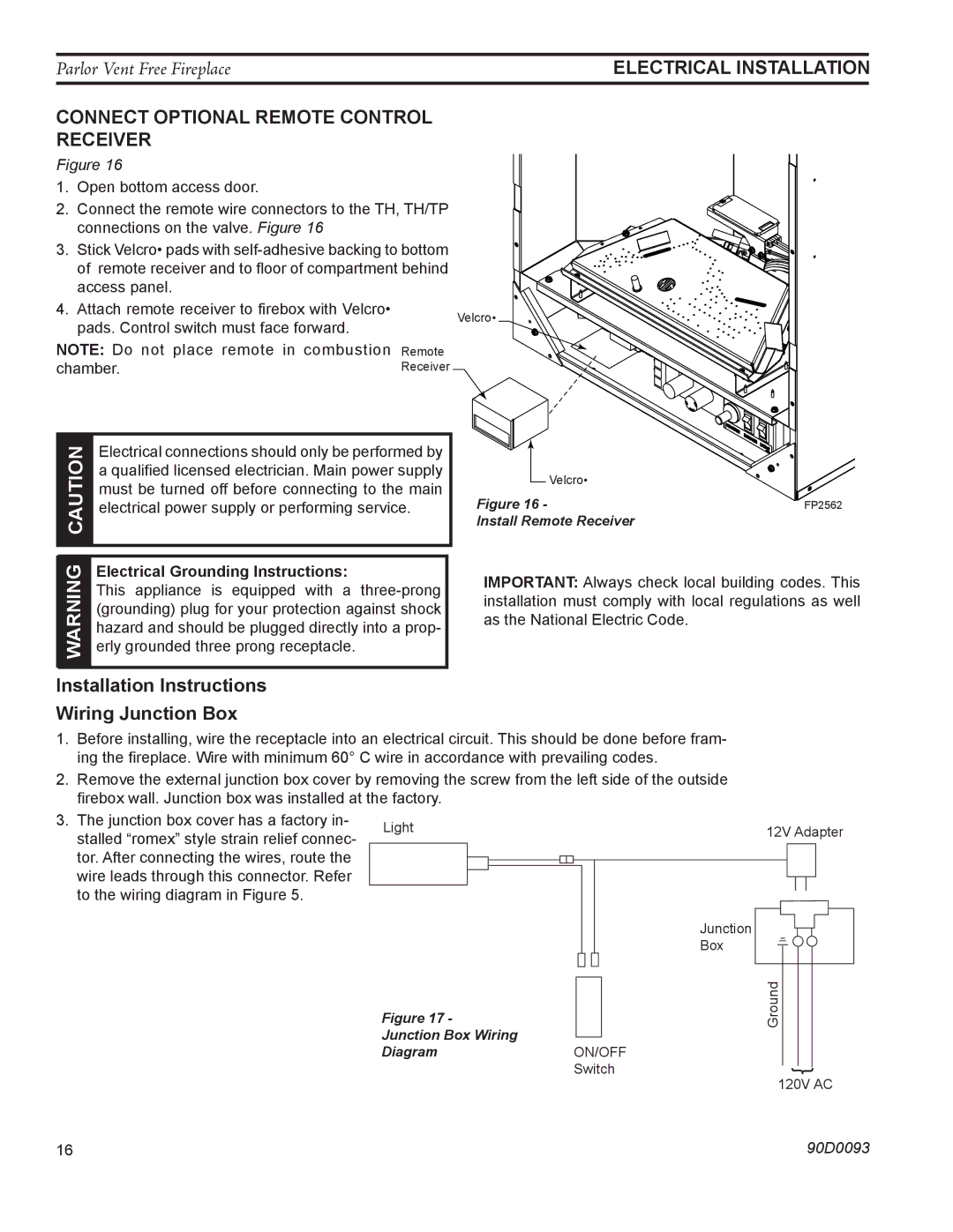 Monessen Hearth PL20 Connect Optional Remote Control Receiver, Installation Instructions Wiring Junction Box 