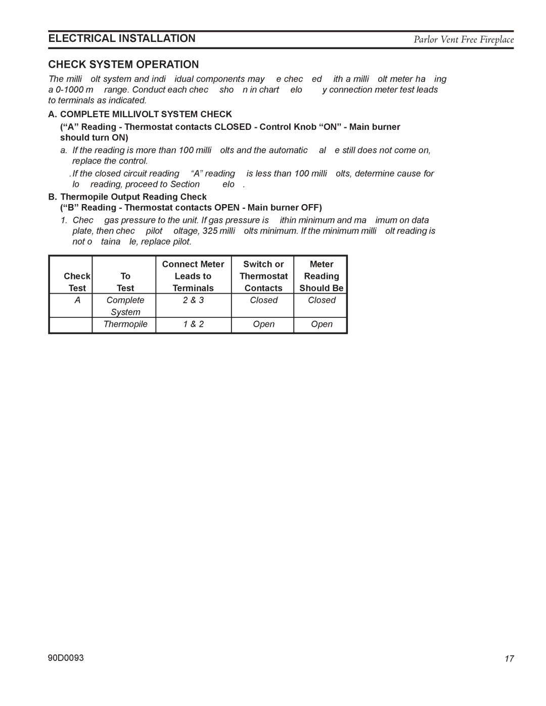 Monessen Hearth PL20 operating instructions Check System Operation 