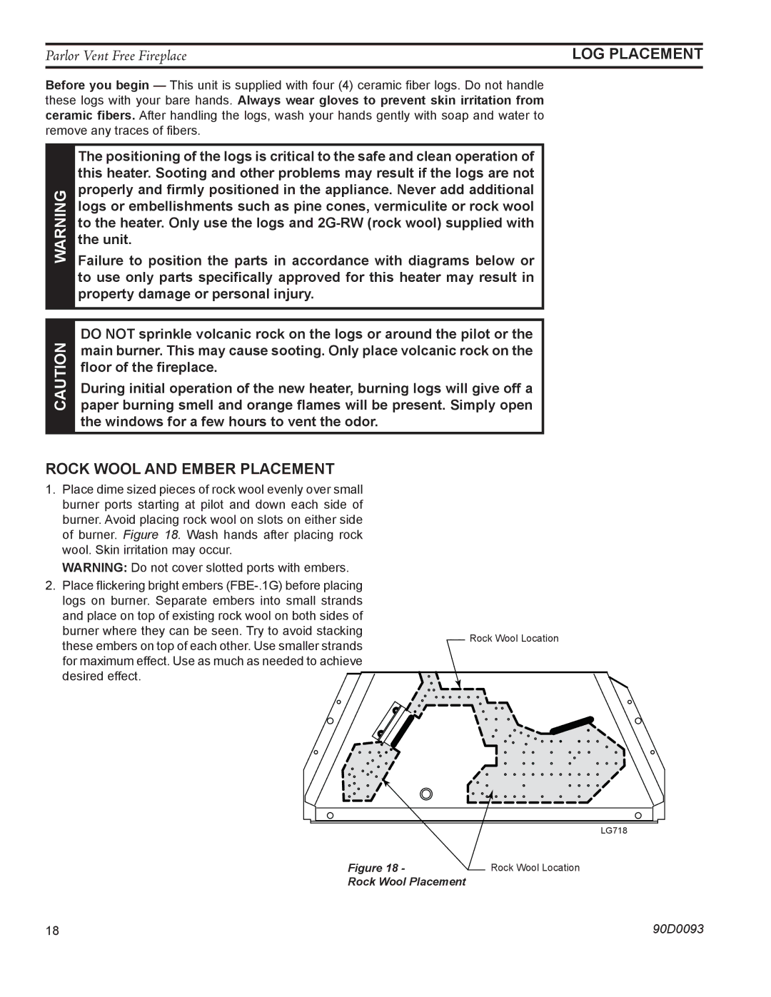 Monessen Hearth PL20 operating instructions LOG Placement, Rock Wool and Ember Placement 