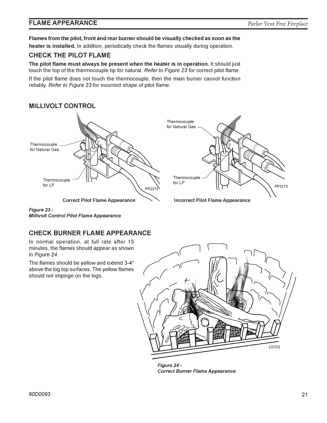 Monessen Hearth PL20 operating instructions Check the pilot flame, Check Burner Flame Appearance 