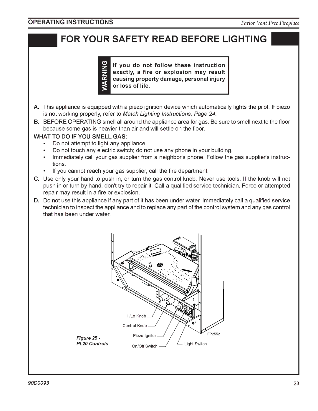 Monessen Hearth PL20 operating instructions For your safety read before lightinG, Operating Instructions 