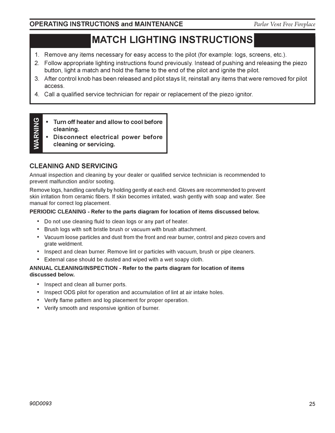 Monessen Hearth PL20 operating instructions Match lighting instructions, Cleaning and Servicing 