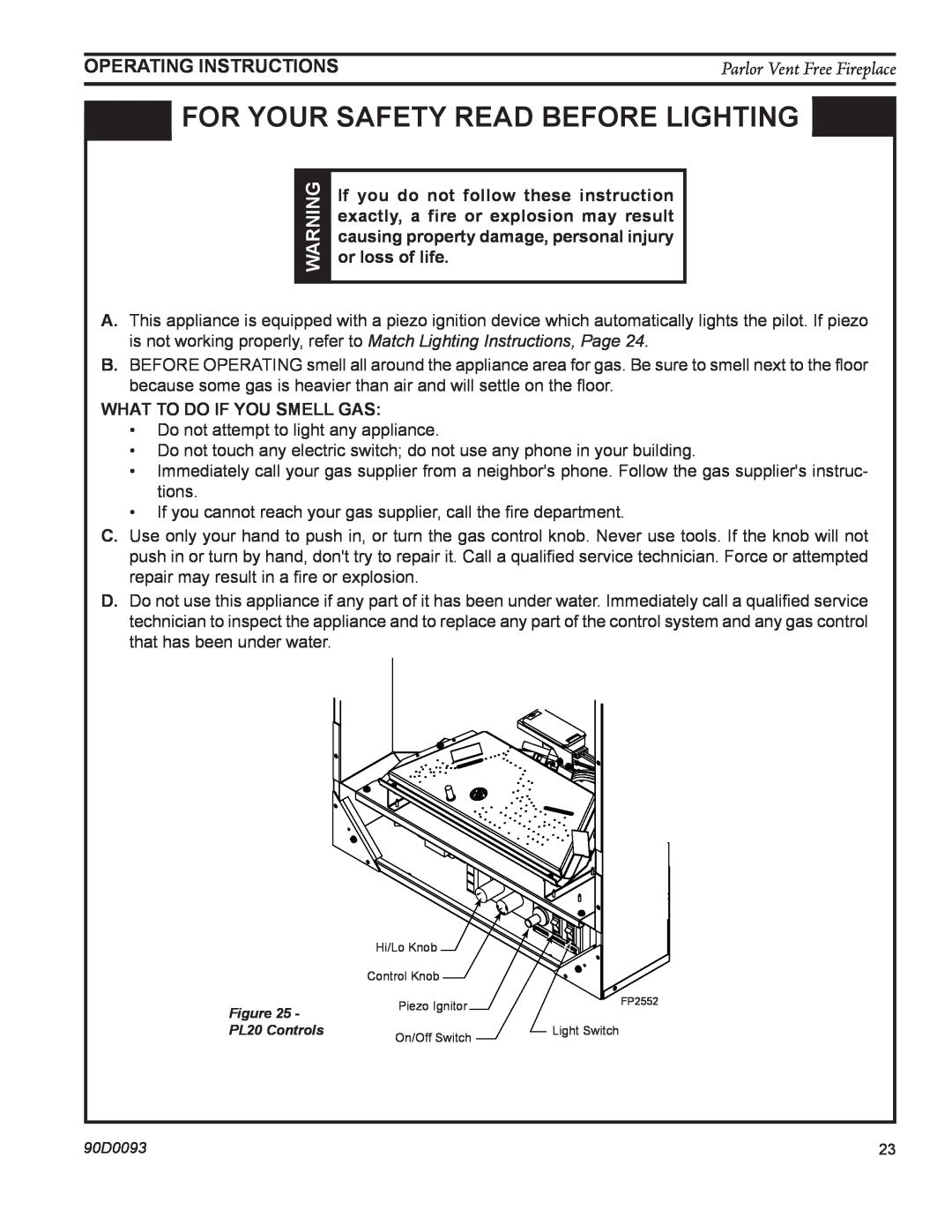 Monessen Hearth PL20 operating instructions for your safety read before lightinG, Operating Instructions 