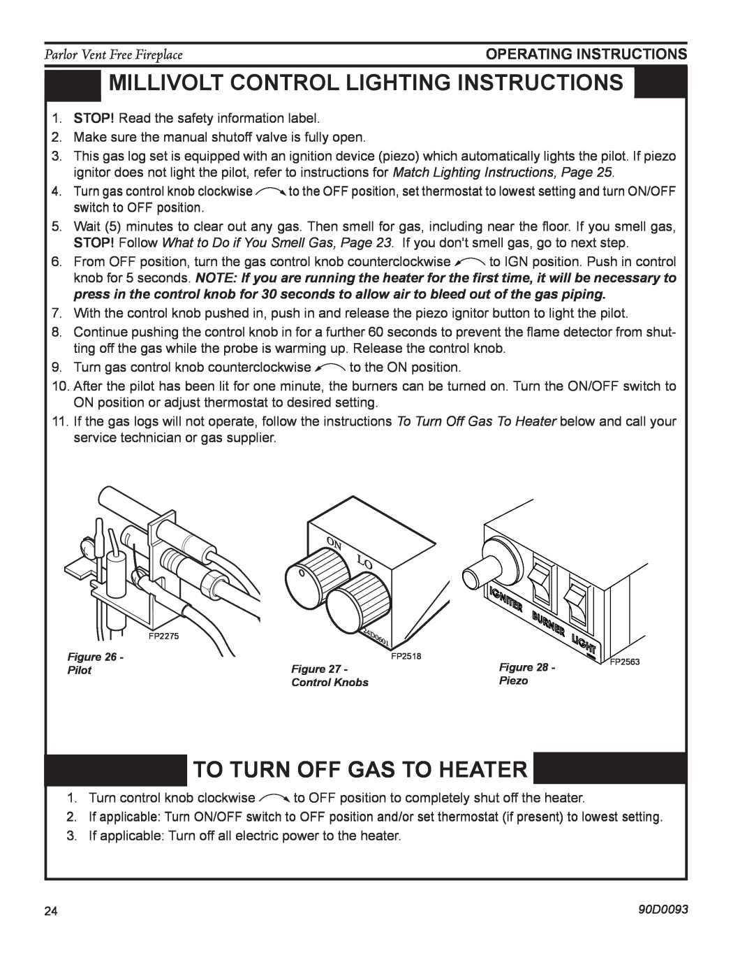 Monessen Hearth PL20 Millivolt control lighting instructions, To Turn Off Gas To Heater, Parlor Vent Free Fireplace 