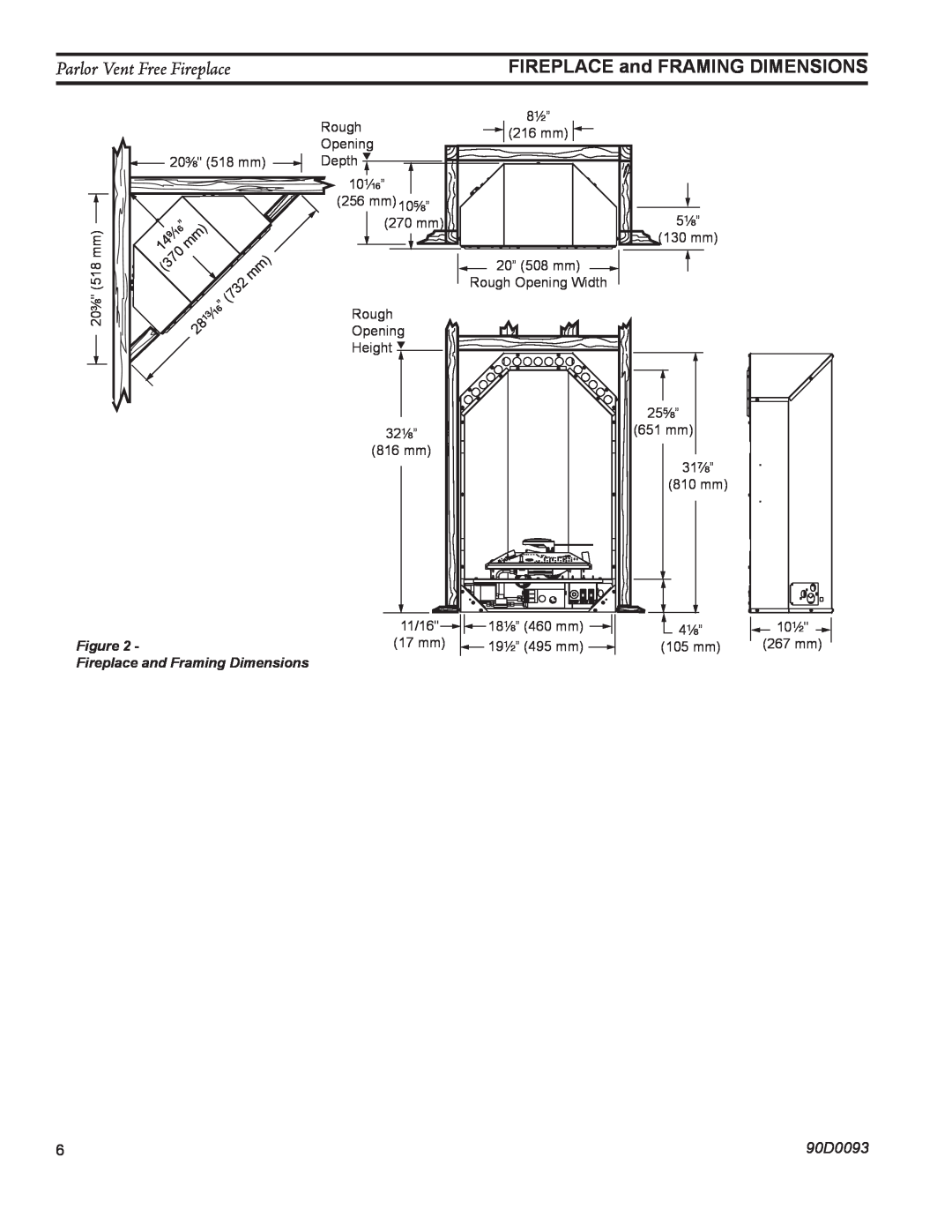 Monessen Hearth PL20 operating instructions Parlor Vent Free Fireplace, FIREPLACE and FRAMING DIMENSIONS, 90D0093 