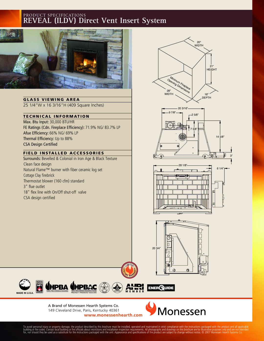 Monessen Hearth REVEAL (ILDV) specifications Revealp Oduc T SP Ecildvf Icatio DirectNS Vent Insert System 