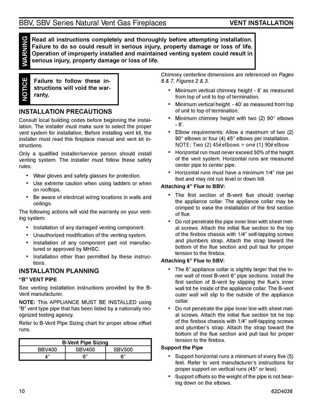 Monessen Hearth SBV500, SBV400, BBV400 operating instructions Installation Precautions, Installation Planning, Vent Pipe 