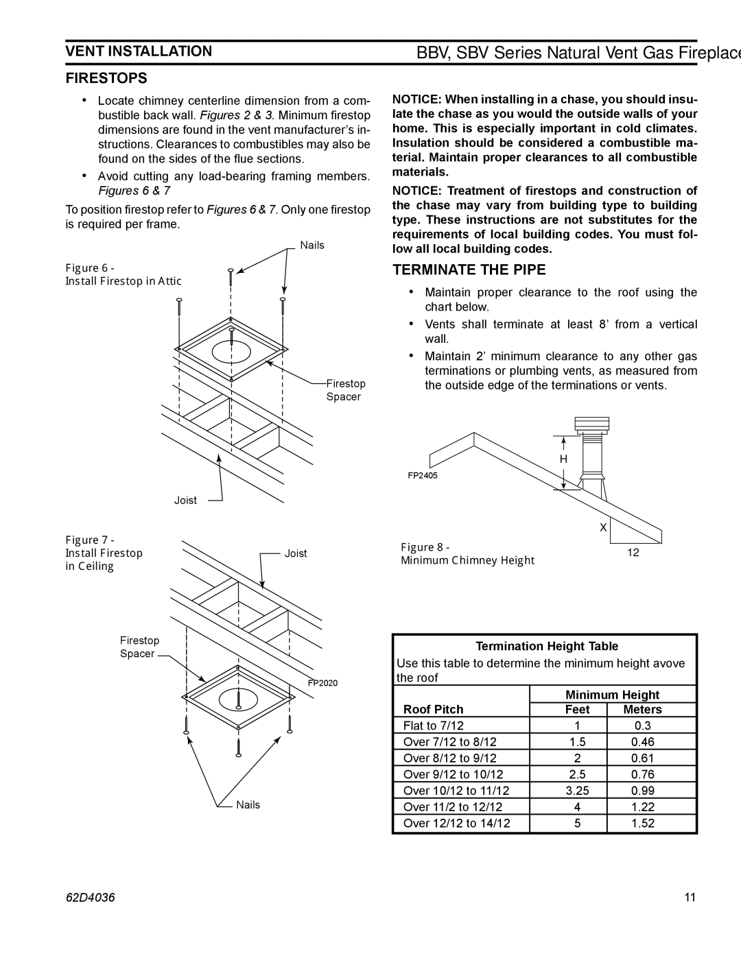 Monessen Hearth BBV400, SBV400, SBV500 operating instructions Vent Installation, Firestops, Terminate the Pipe 