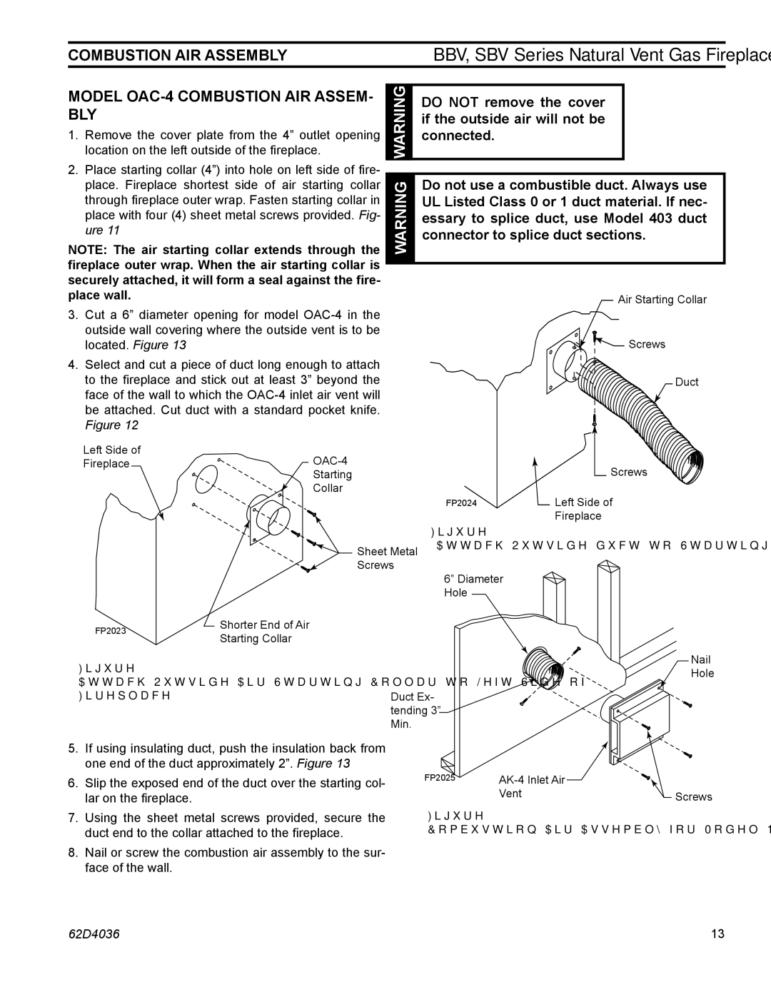 Monessen Hearth SBV500, SBV400, BBV400 operating instructions Combustion AIR Assembly, Model OAC-4 Combustion AIR ASSEM- BLY 