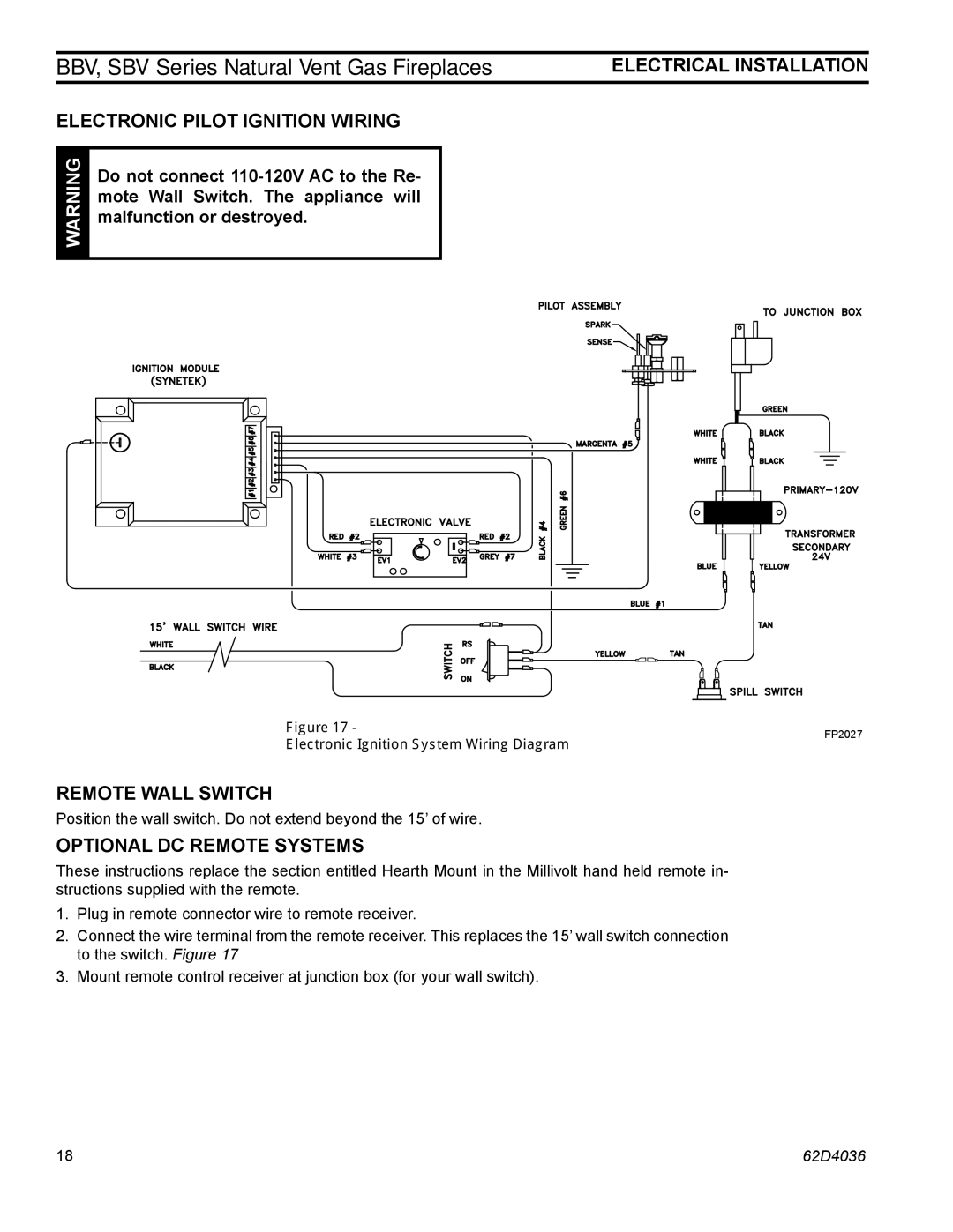 Monessen Hearth SBV400, SBV500, BBV400 Electronic Pilot Ignition Wiring, Remote Wall Switch, Optional DC Remote Systems 