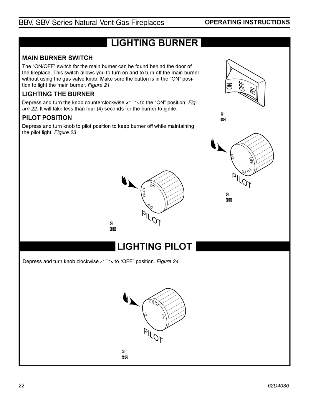 Monessen Hearth SBV500, SBV400, BBV400 operating instructions Main Burner Switch, Lighting the Burner, Pilot Position 