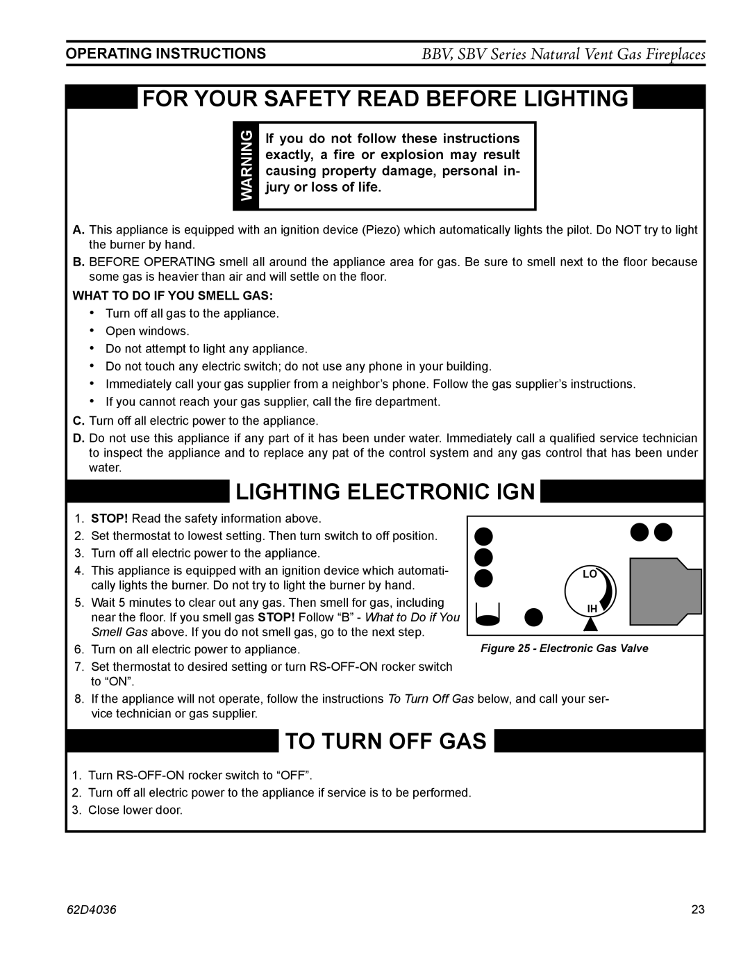 Monessen Hearth BBV400, SBV400, SBV500 operating instructions Lighting Electronic IGN 