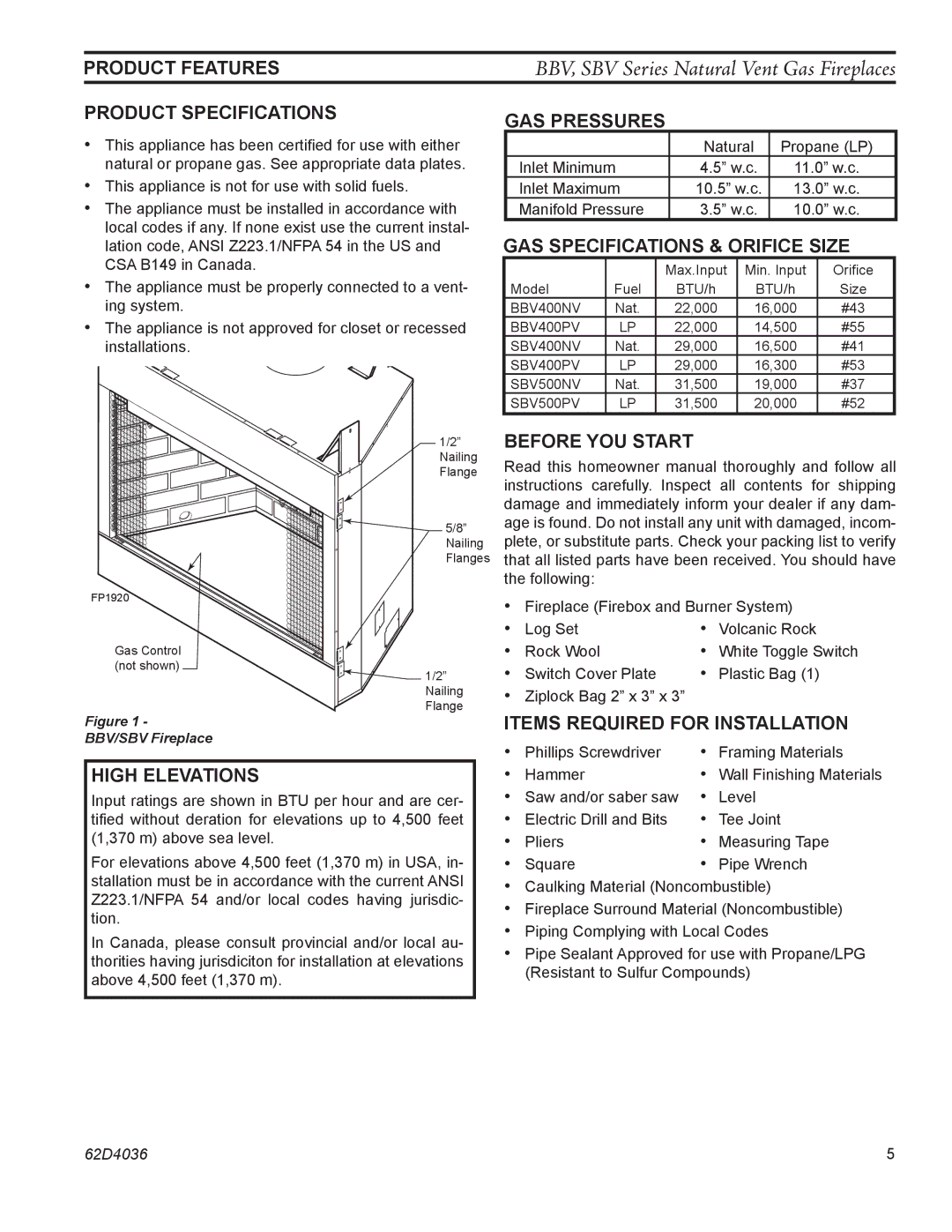 Monessen Hearth BBV400, SBV400 Product Features, Product Specifications, Before YOU Start, Items Required for Installation 