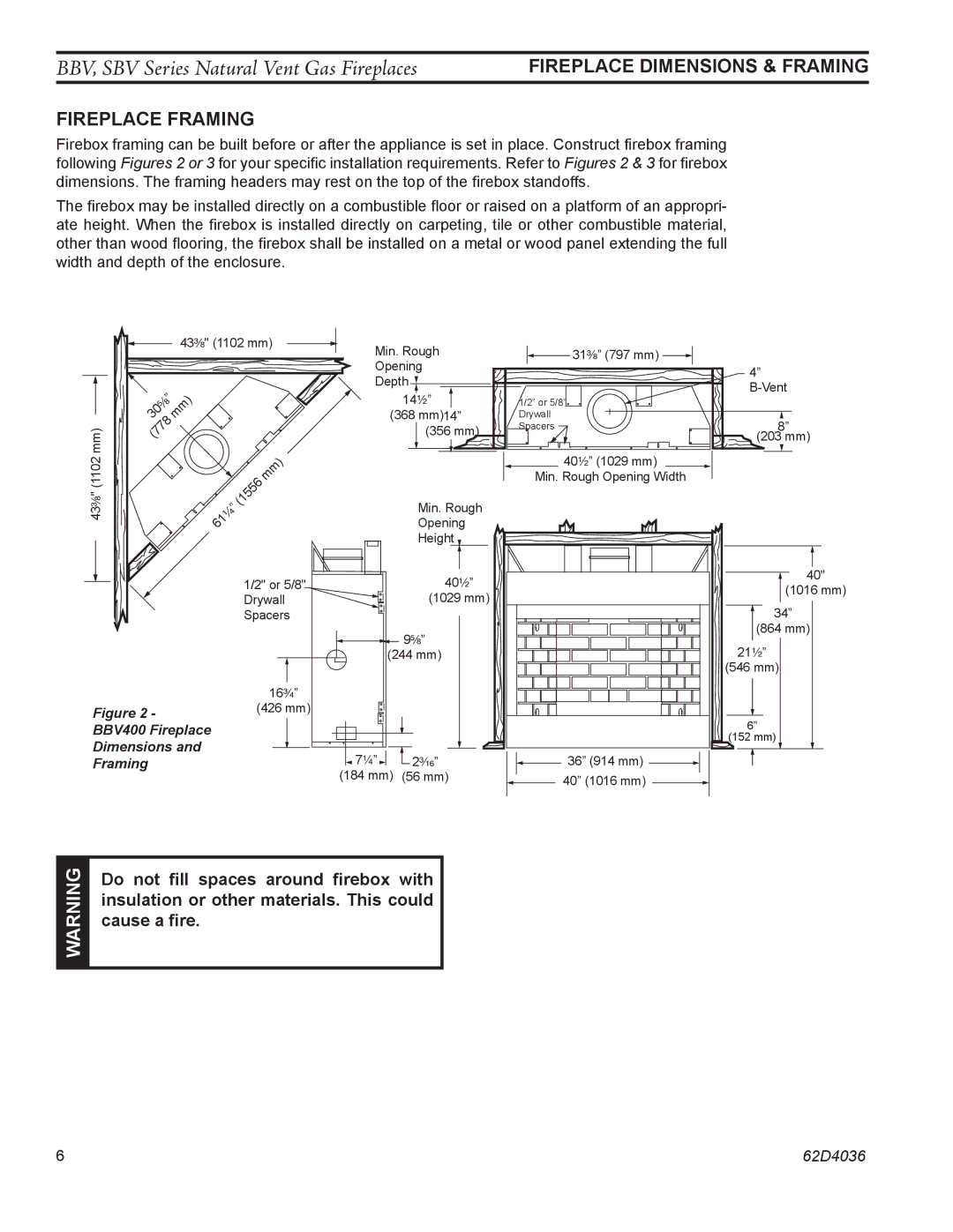 Monessen Hearth SBV400, SBV500, BBV400 operating instructions Fireplace Dimensions & Framing, Fireplace Framing 