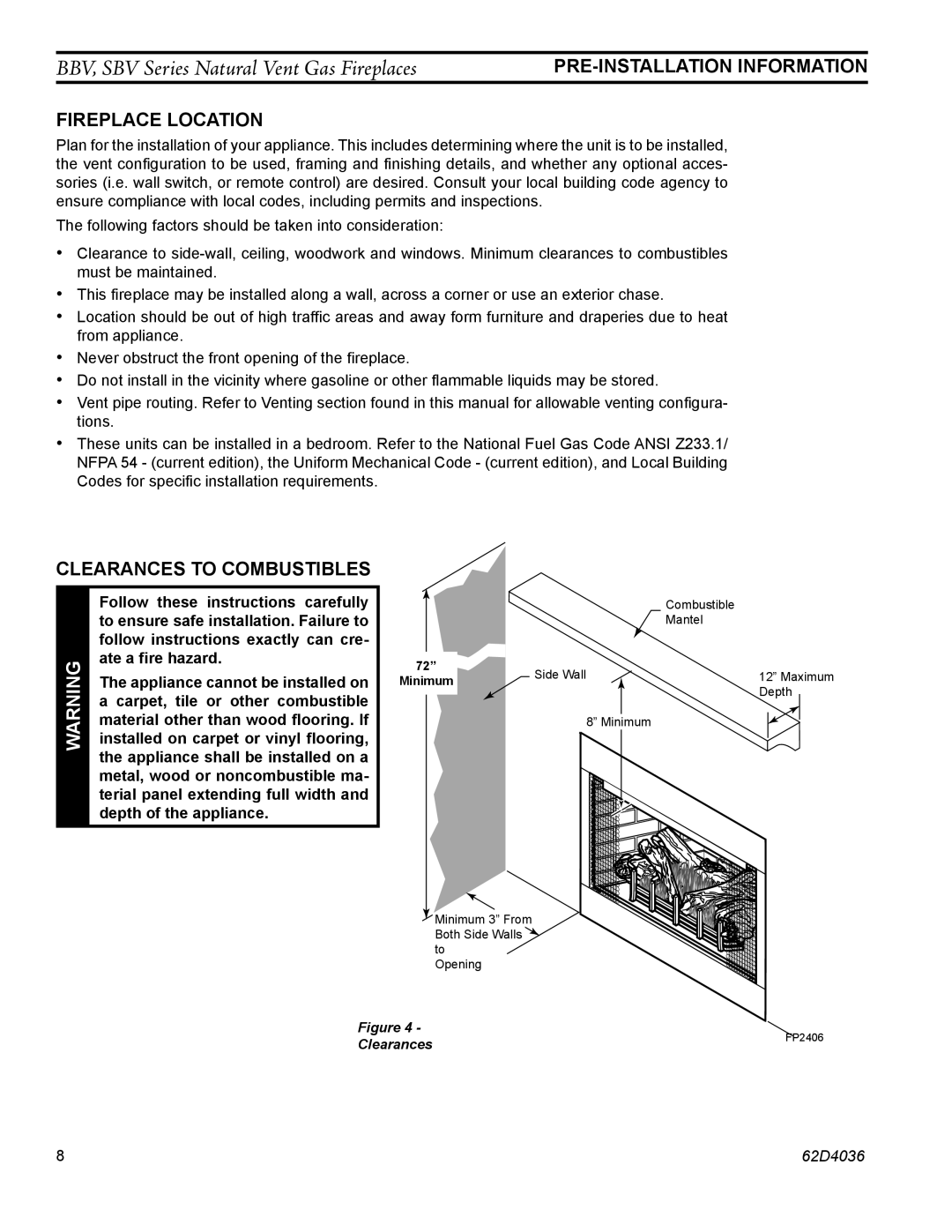 Monessen Hearth BBV400, SBV400, SBV500 operating instructions Fireplace Location, Clearances to Combustibles 