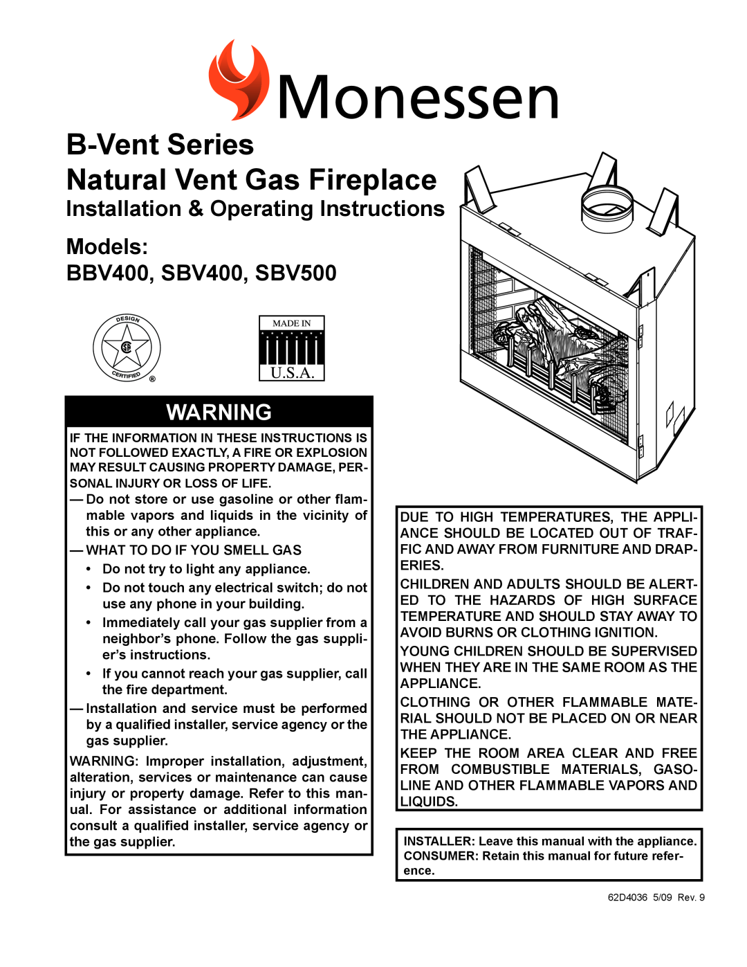 Monessen Hearth operating instructions B-VentSeries Natural Vent Gas Fireplace, Models BBV400, SBV400, SBV500 