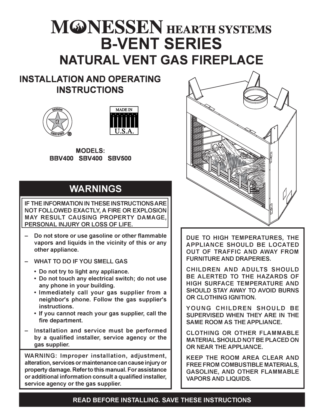 Monessen Hearth SBV500 manual Installation And Operating Instructions, Read Before Installing. Save These Instructions 