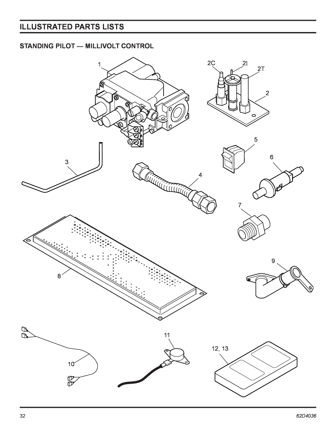 Monessen Hearth BBV400, SBV400, SBV500 manual Illustrated Parts Lists, Standing Pilot - Millivolt Control, 62D4036 