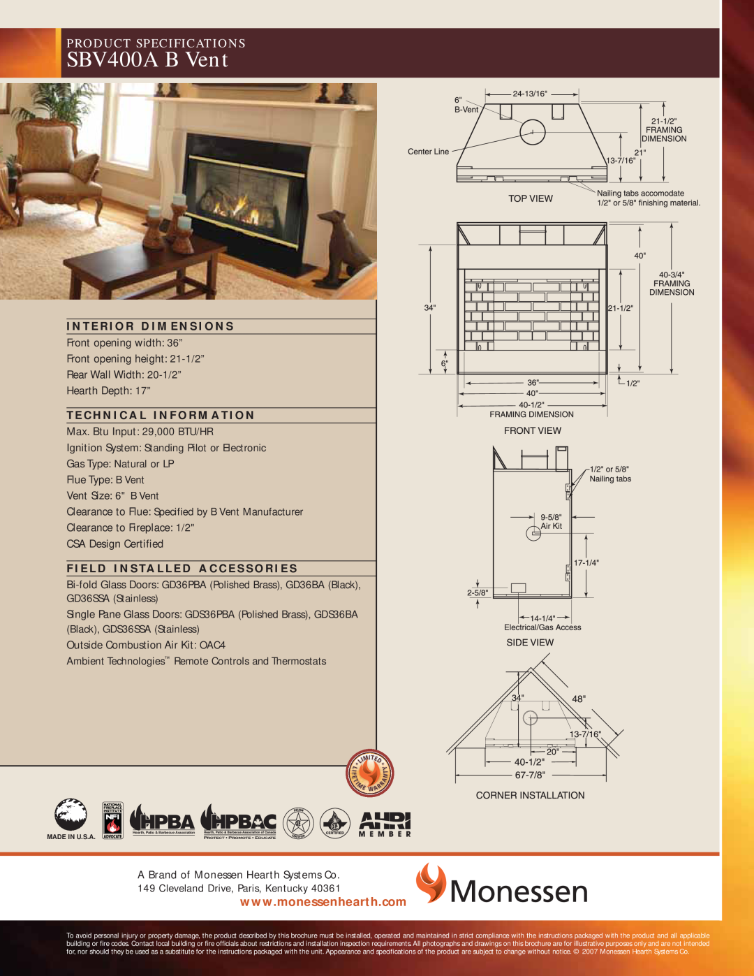 Monessen Hearth SBV400A B Vent specifications Product Specifications 