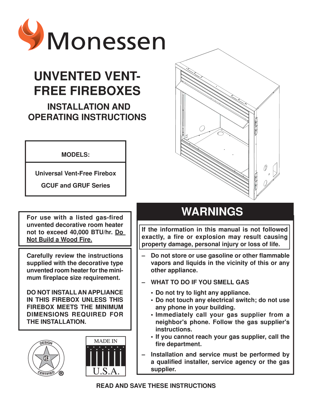 Monessen Hearth GRUF Series dimensions Models, What to do if YOU Smell GAS, Read and Save These Instructions 