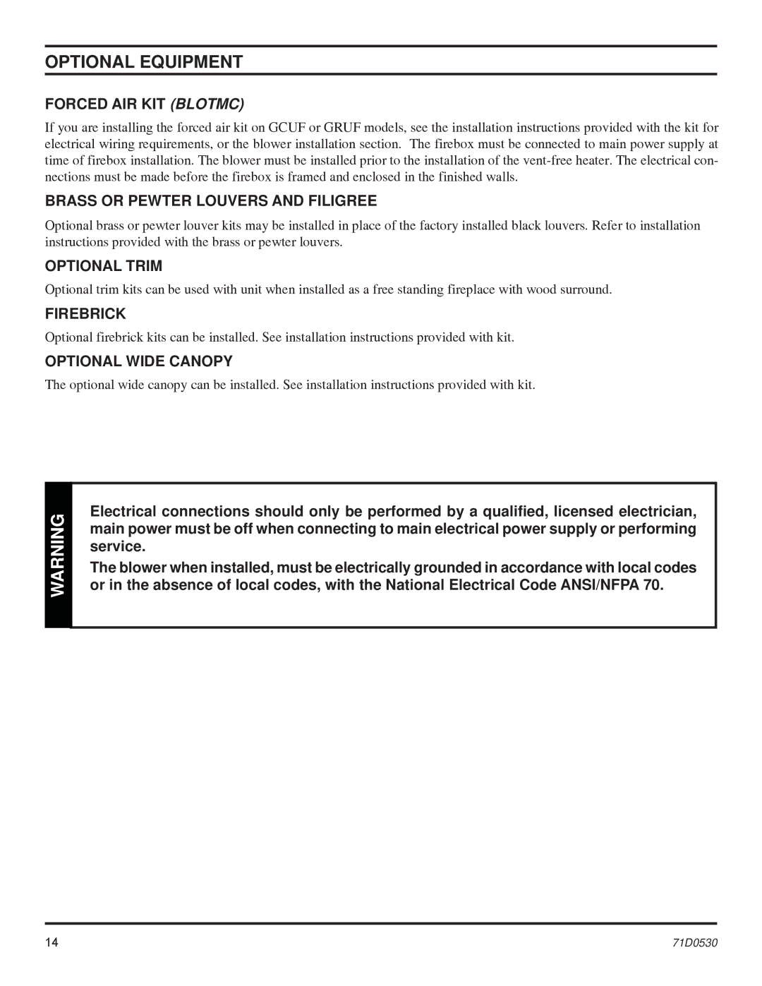 Monessen Hearth GRUF Series, GCUF Series dimensions Optional Equipment 