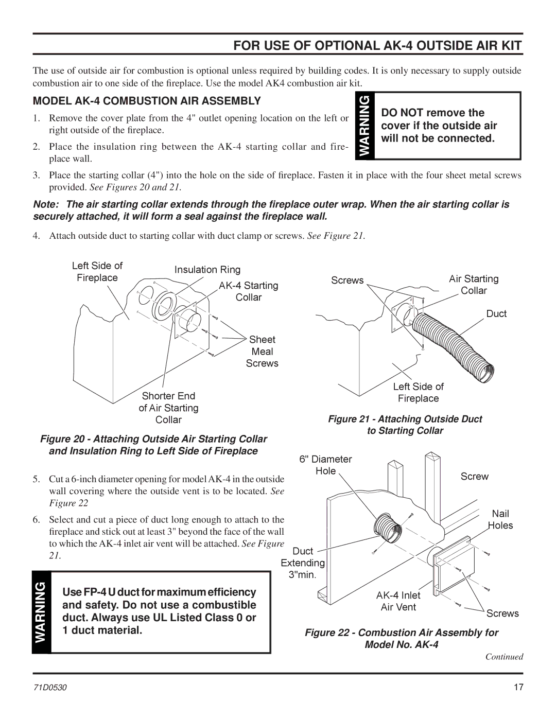 Monessen Hearth GRUF Series dimensions Model AK-4 Combustion AIR Assembly, Insulation Ring to Left Side of Fireplace 