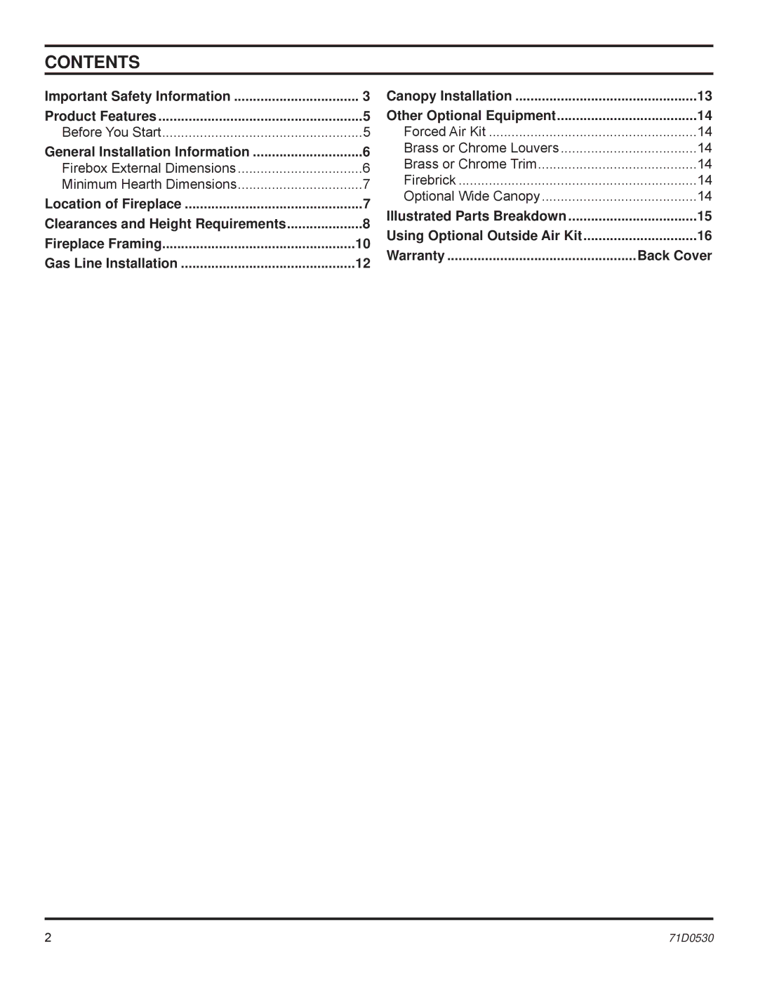 Monessen Hearth GRUF Series, GCUF Series dimensions Contents 