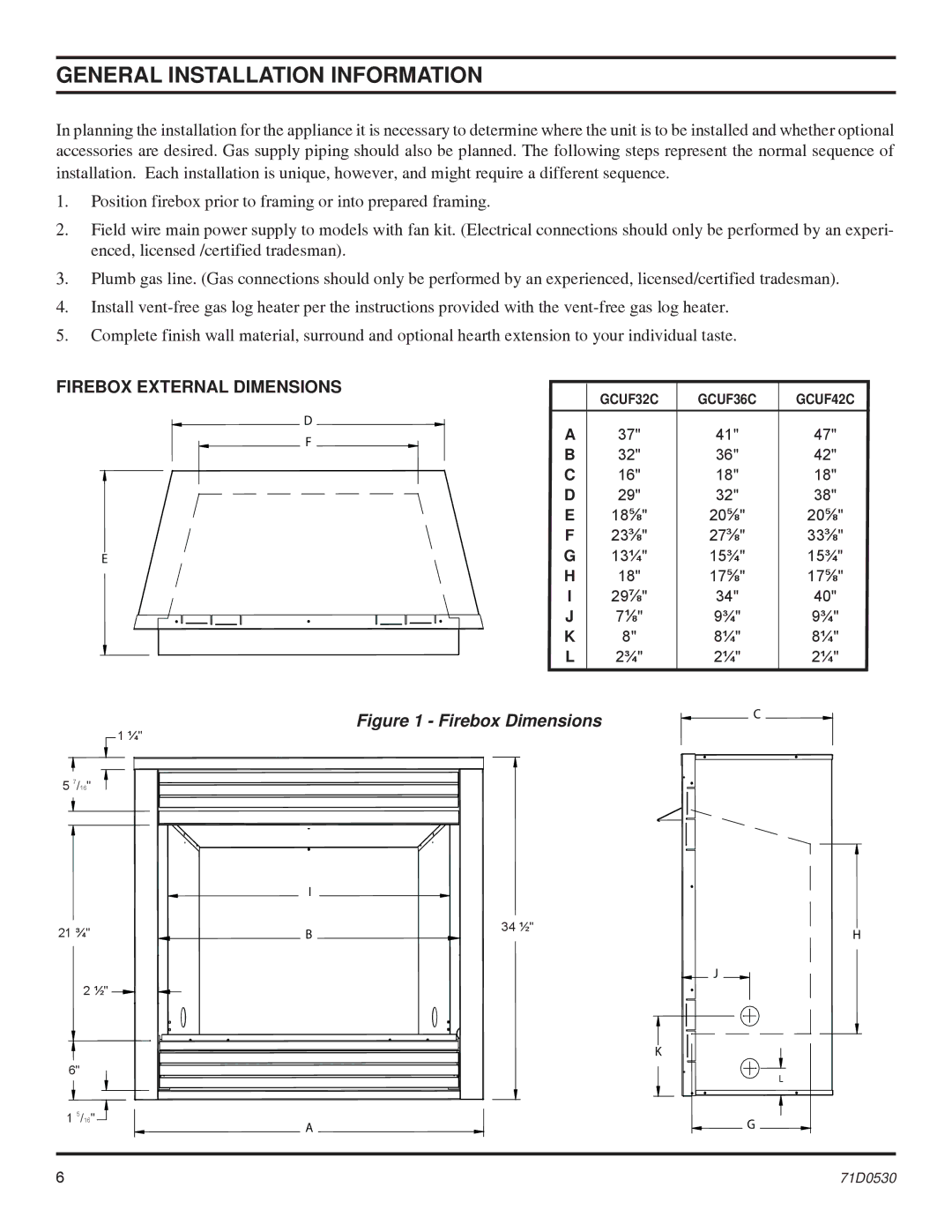 Monessen Hearth GRUF Series, GCUF Series dimensions General Installation Information, Firebox Dimensions 