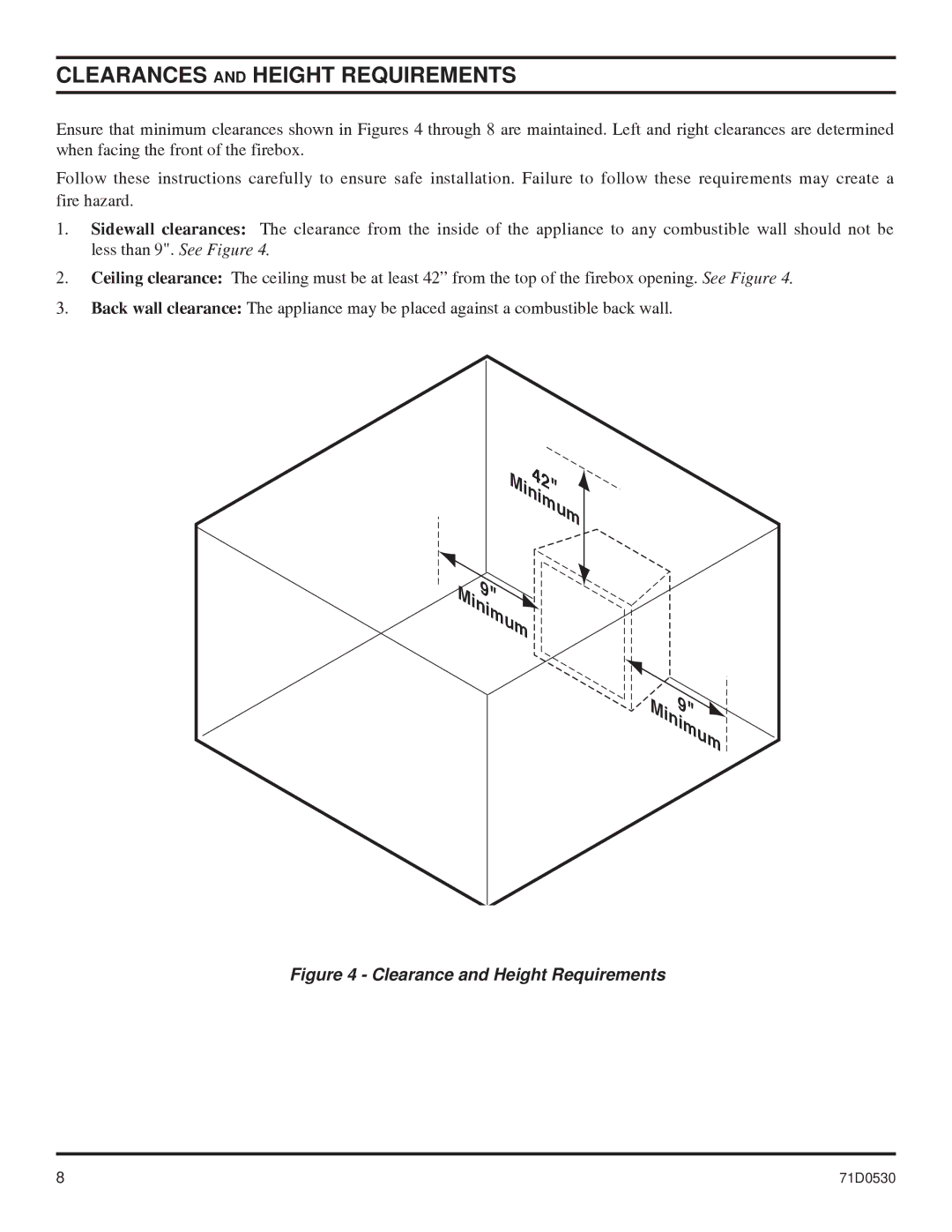 Monessen Hearth GRUF Series, GCUF Series dimensions Minimum9, Clearances and Height Requirements 