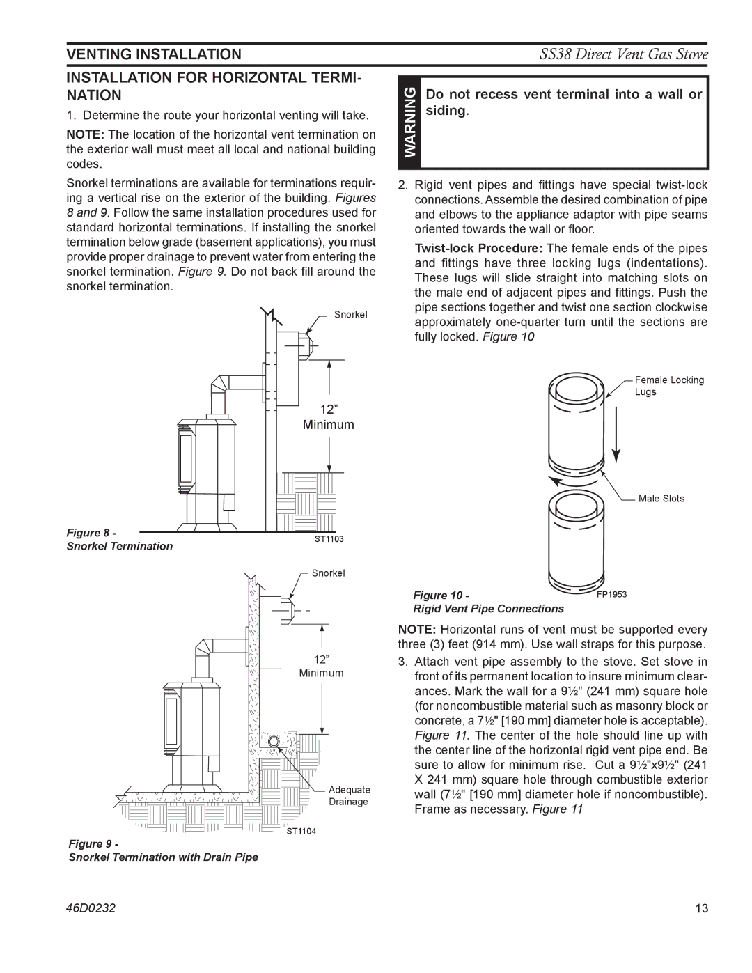 Monessen Hearth SS38 operating instructions Venting installation, Installation for Horizontal TERMI- Nation, Siding 