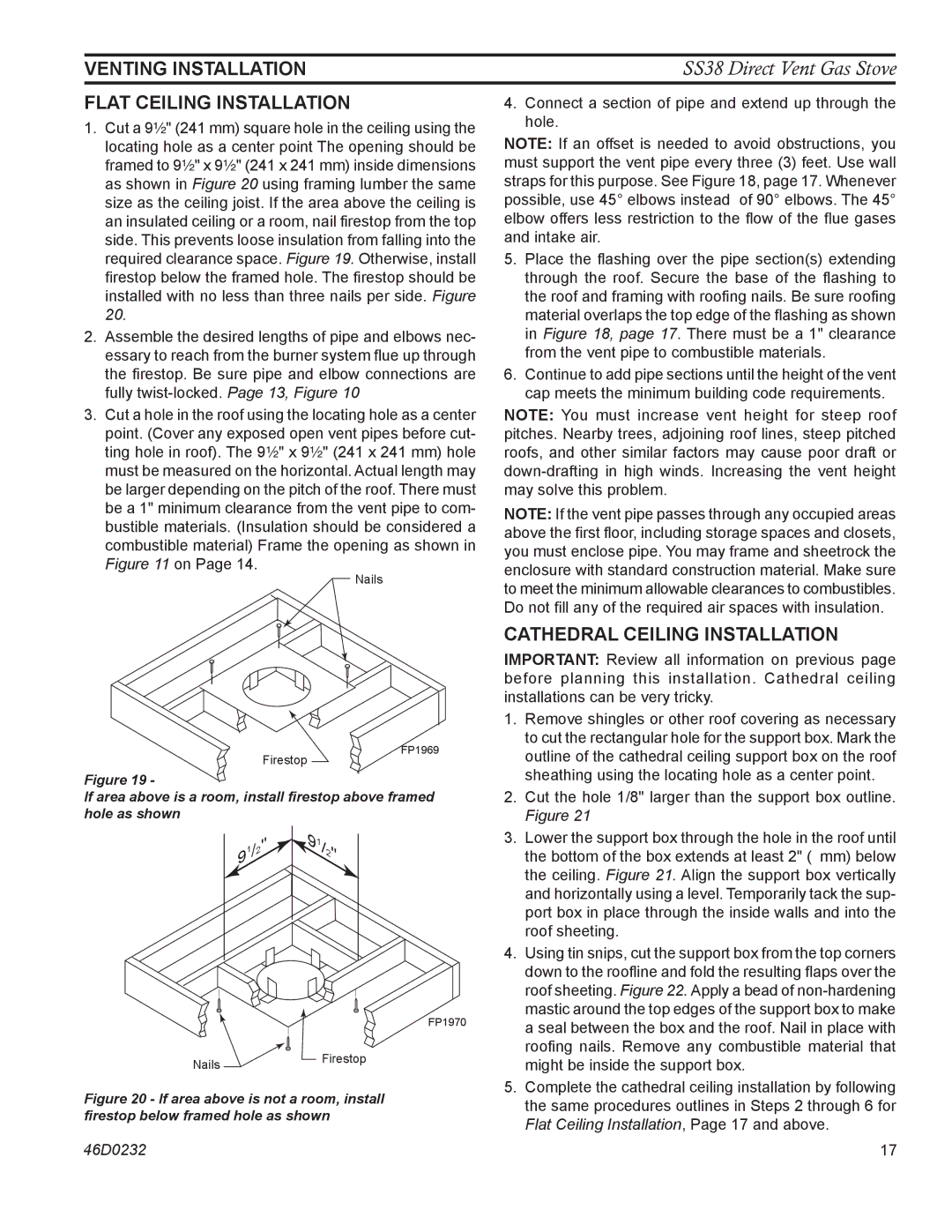 Monessen Hearth SS38 operating instructions Venting Installation Flat Ceiling Installation, Cathedral Ceiling Installation 