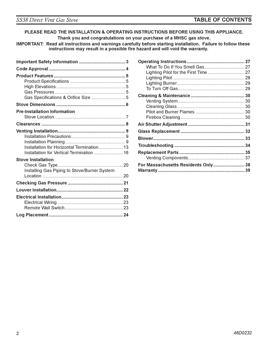 Monessen Hearth operating instructions SS38 Direct Vent Gas Stove, Table of Contents 