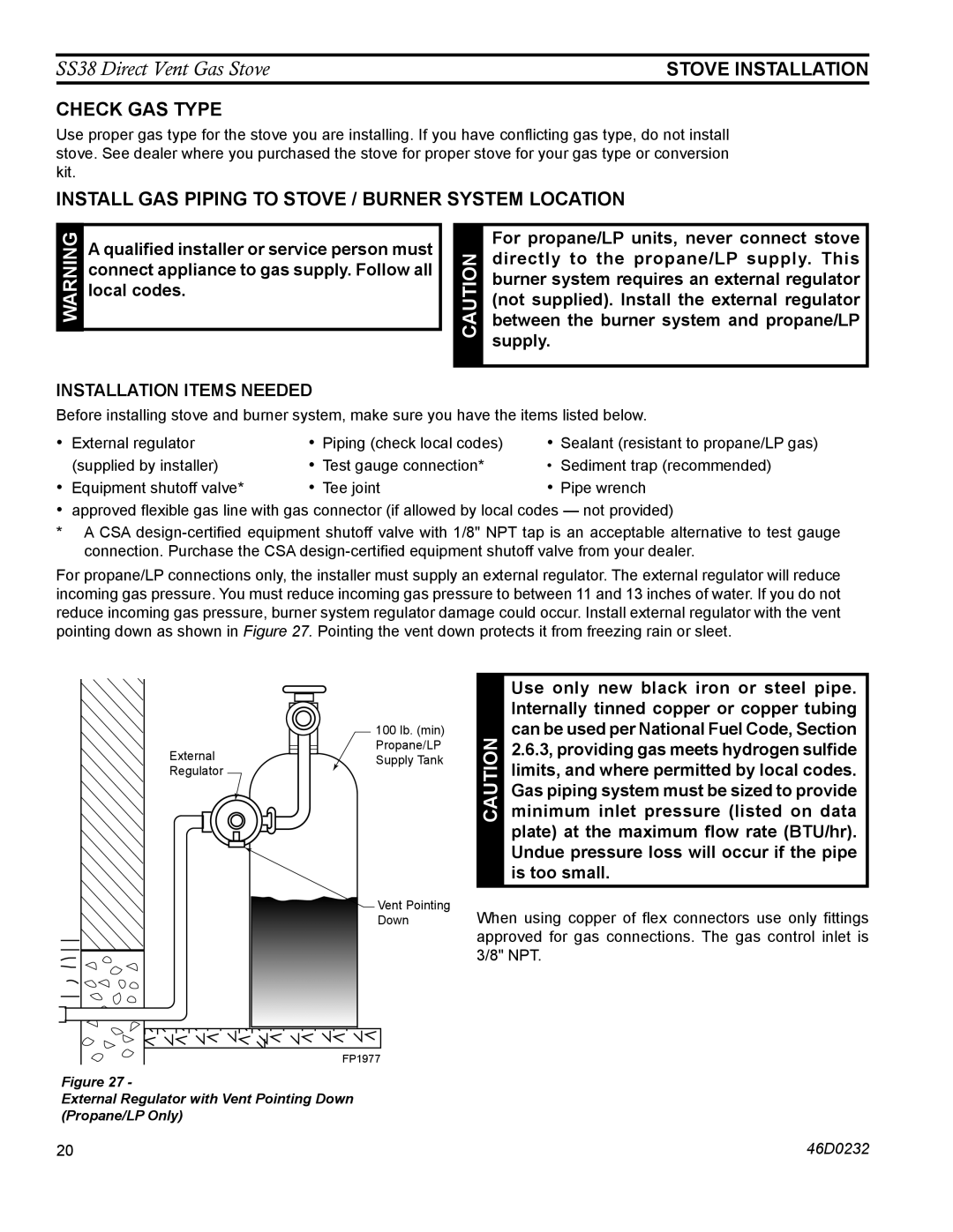 Monessen Hearth SS38 Check gas type, Install gas piping to stove / burner system location, Stove Installation 