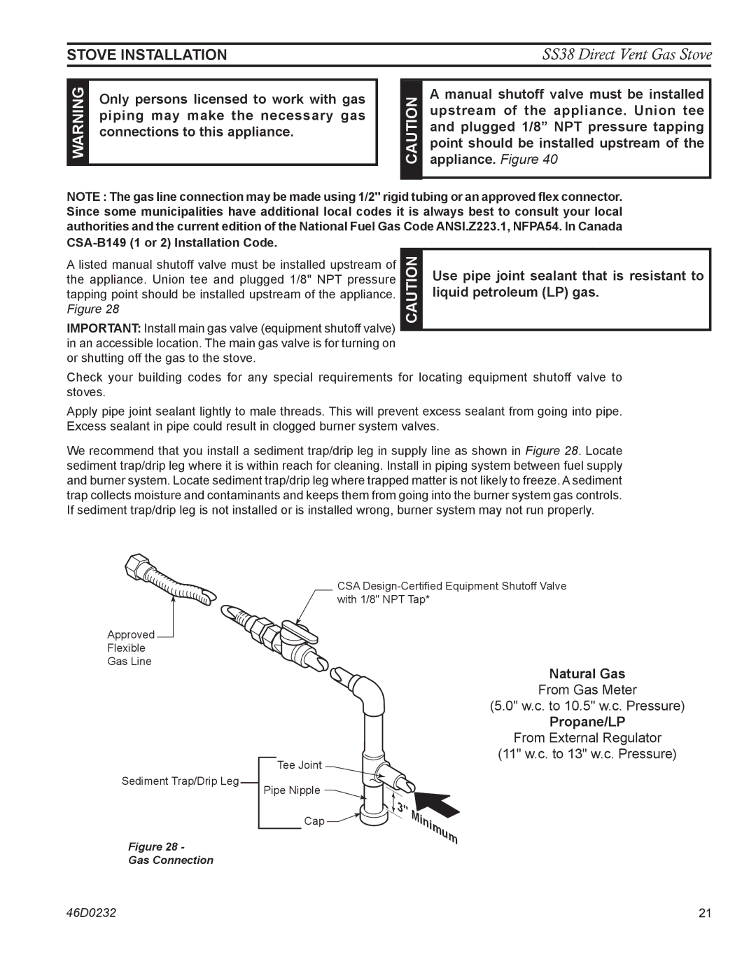 Monessen Hearth SS38 operating instructions Stove Installation, Natural Gas, Propane/LP, CSA-B149 1 or 2 Installation Code 