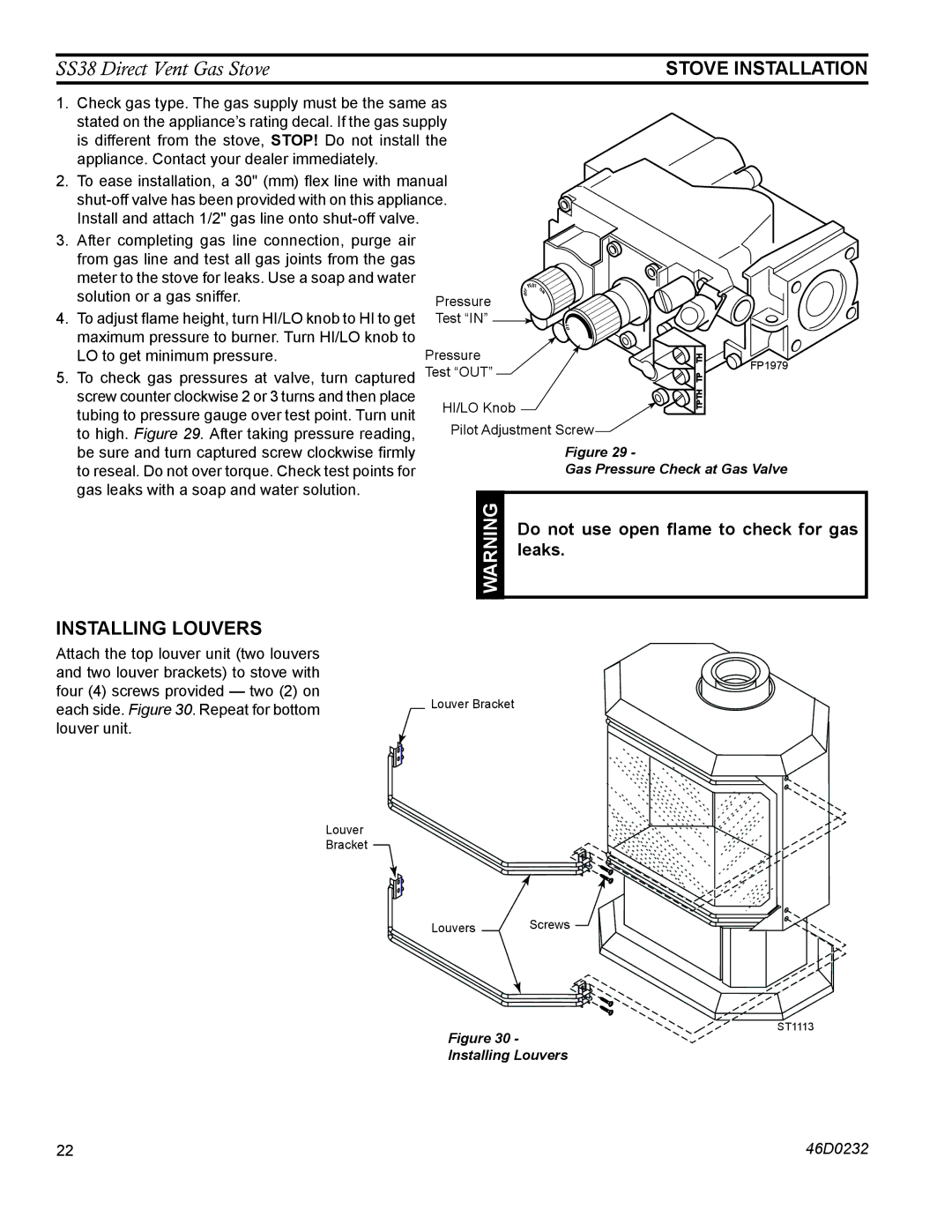 Monessen Hearth SS38 operating instructions Installing Louvers, Do not use open flame to check for gas leaks 