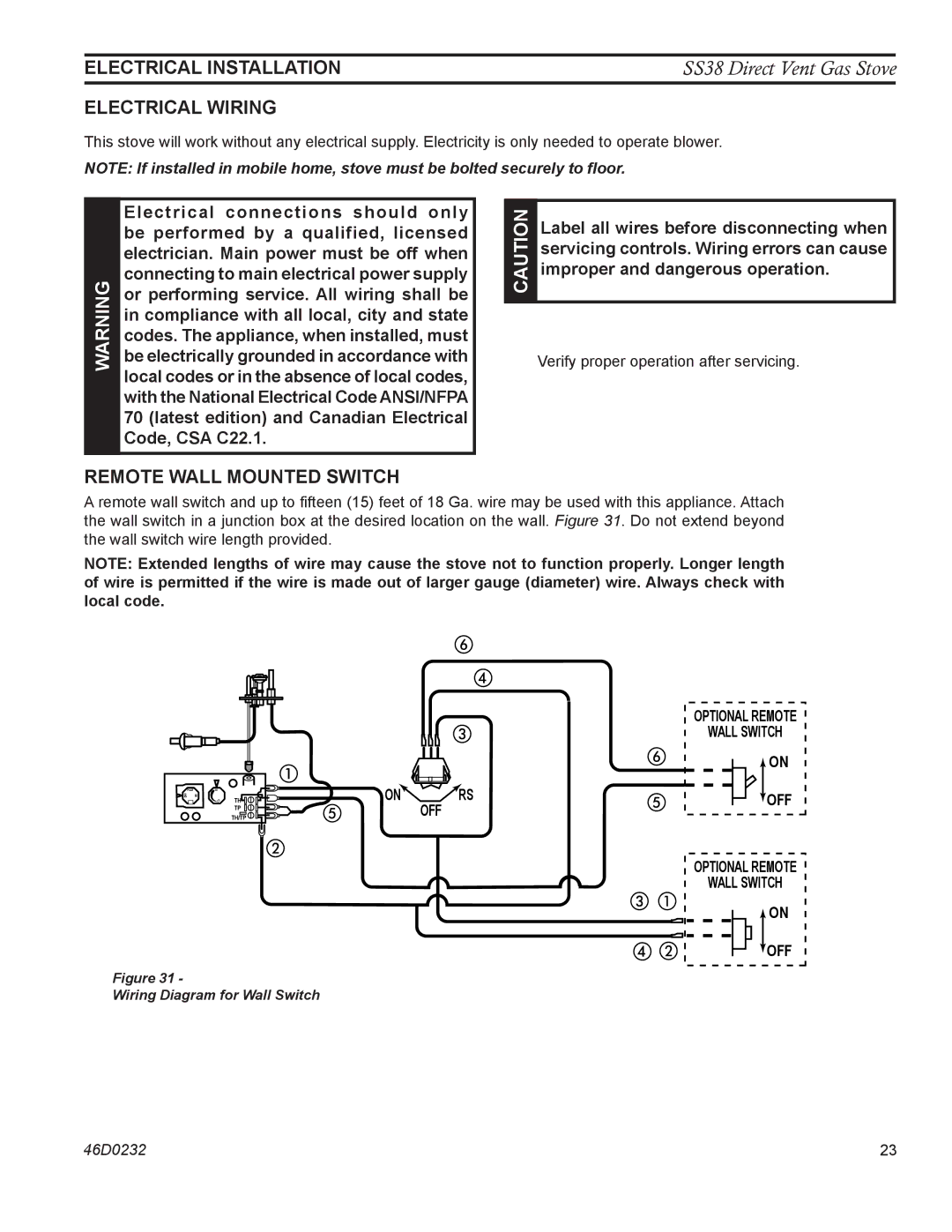 Monessen Hearth SS38 operating instructions Electrical Installation, Electrical Wiring, Remote Wall mounted Switch 